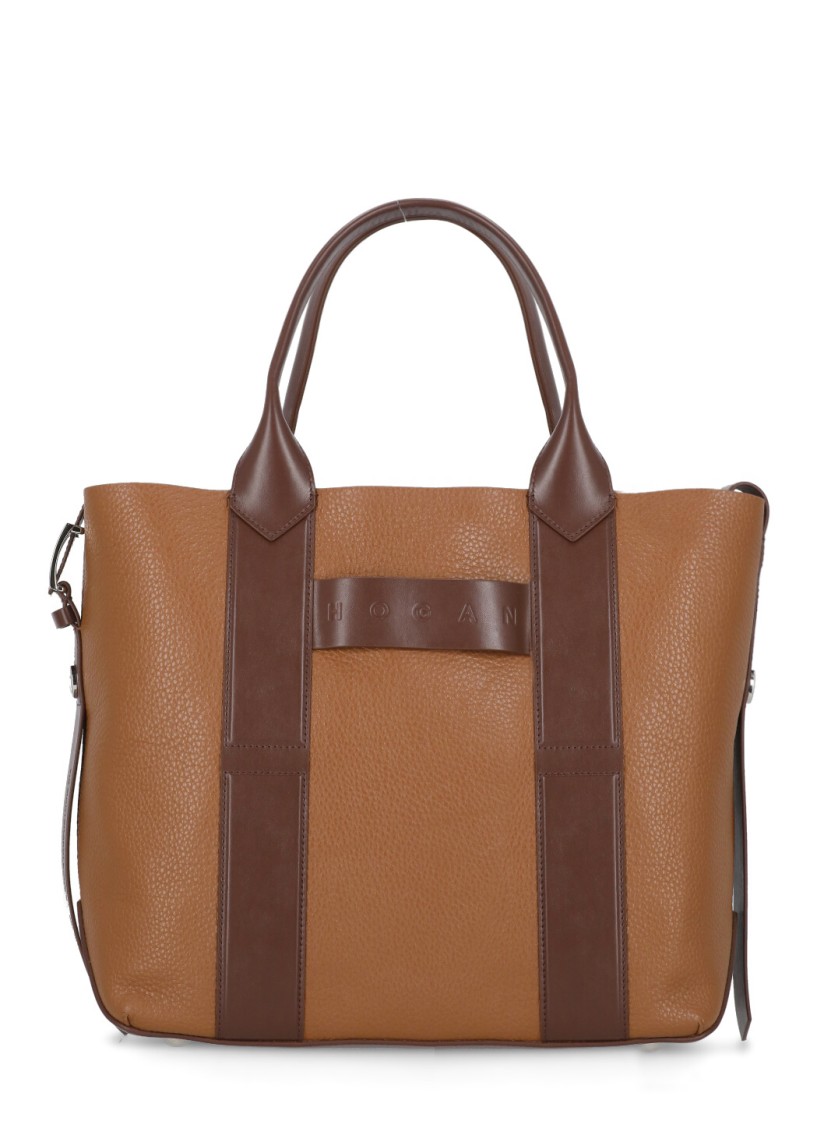 Hogan Small Leather Tote Bag Script In Brown