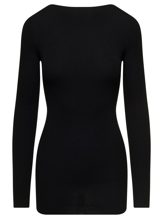 Shop Rick Owens Long Black Ribbed Top With Round Cut-out In Wool