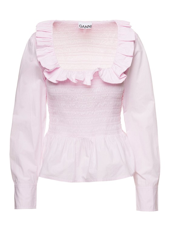 Shop Ganni Light Pink Open-neck Blouse With Ruffles In Cotton In White