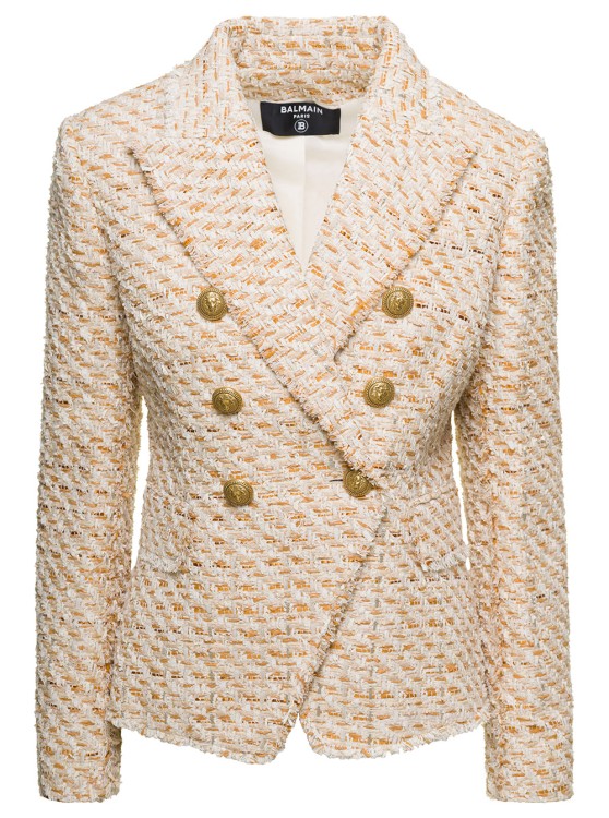 Balmain Beige Double-breasted Jacket With Gold-colored Branded Buttons In Tweed Woman In Neutrals
