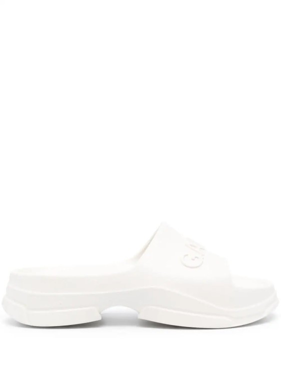 Shop Ganni Embossed-logo Slide Sandals In White