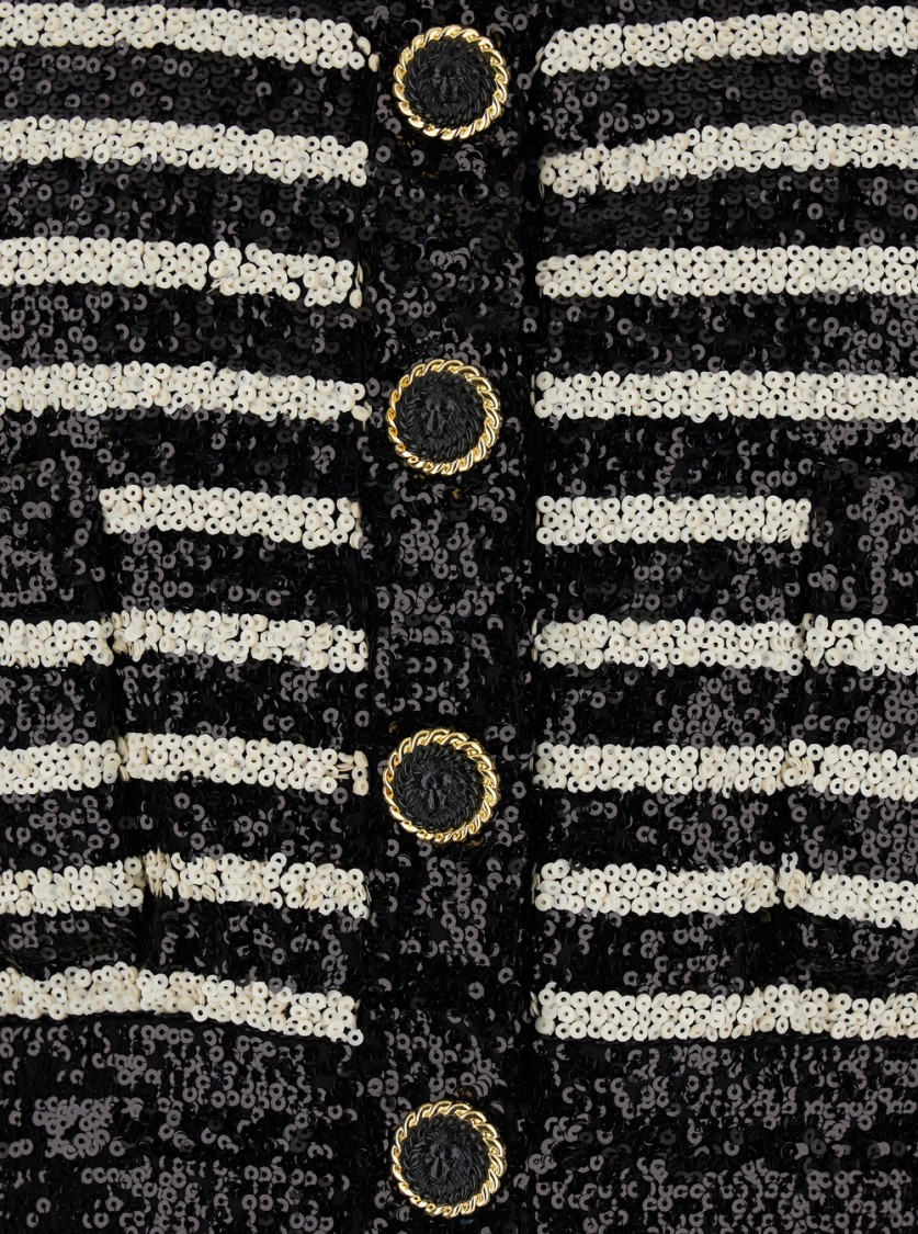 Shop Balmain Black And White Cropped Striped Jacket In All-over Sequins Fabric