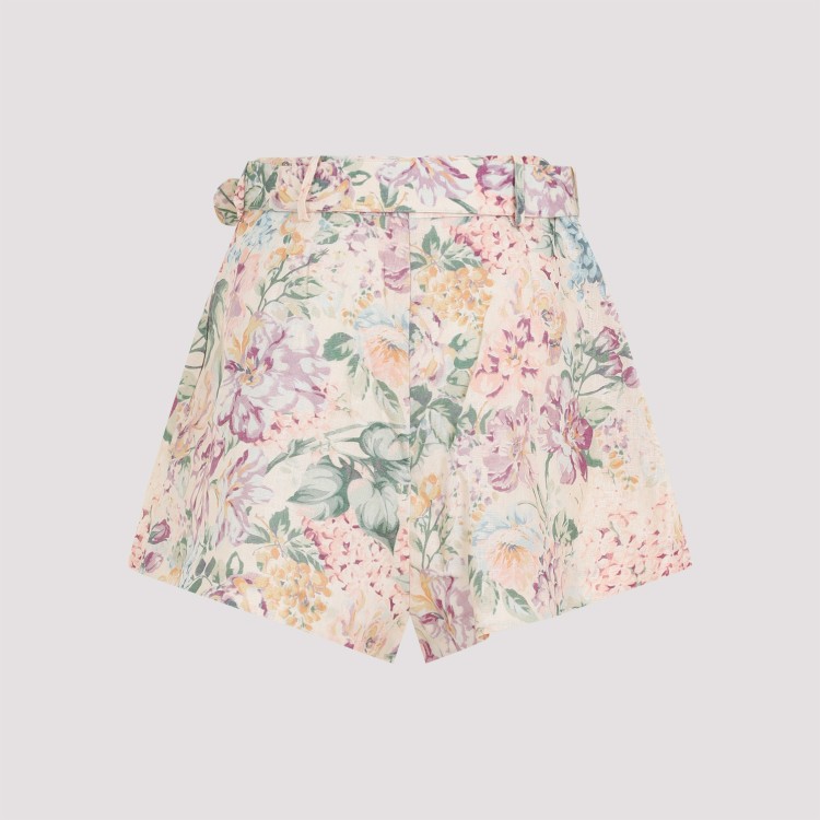 Shop Zimmermann Multi Watercolor Floral Linen Halliday Tuck Short In Neutrals