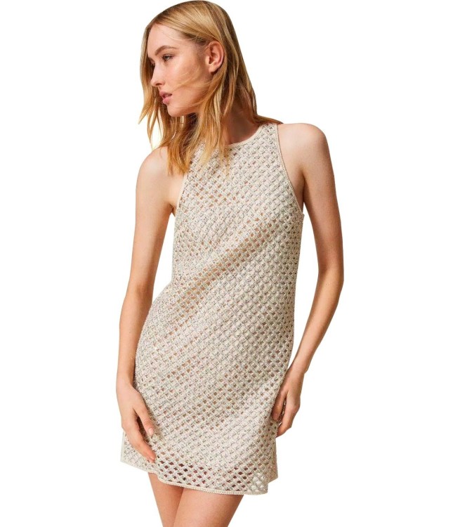 Shop Twinset Cream Dress With Rhinestones In Neutrals