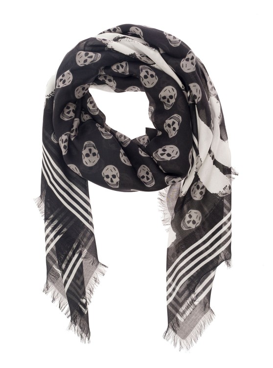 Shop Alexander Mcqueen Black Scarf With All-over Skull Print And Graffiti Logo In Modal