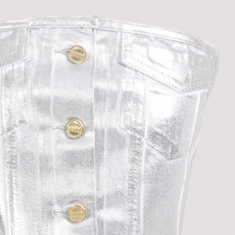 Shop Ganni Foil Denim Corsage Silver Denim Top In White