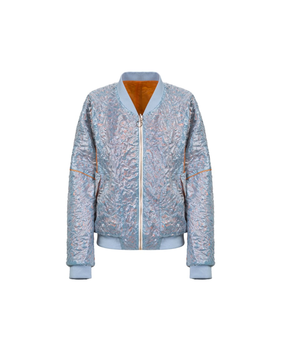 Takaturna Kinetic Bomber Jacket With Reversible Design And Elegant Rose Gold Zip In Blue