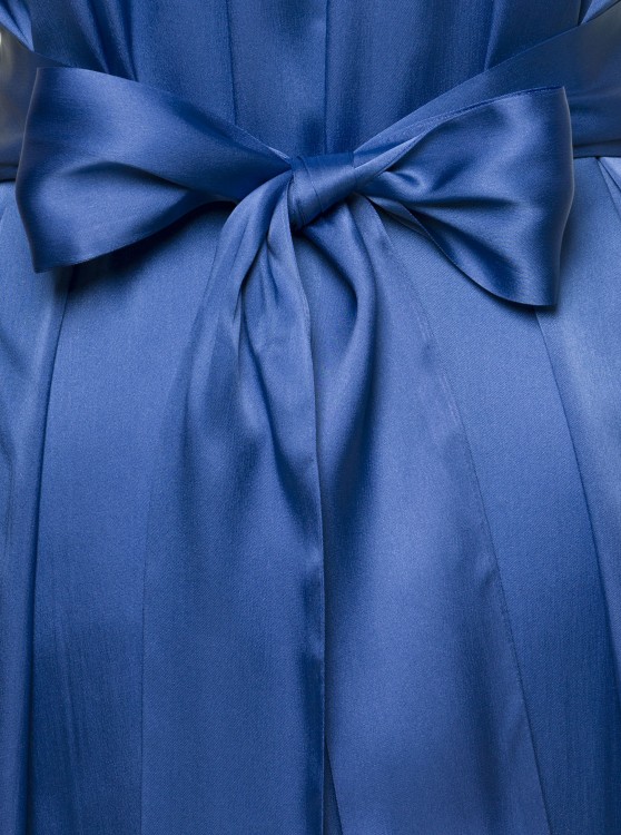 Shop Semi-couture Blue Maxi Dress V-neck Draped Design Satin Finish With Rear Ribbon Fastening In Silk Blend