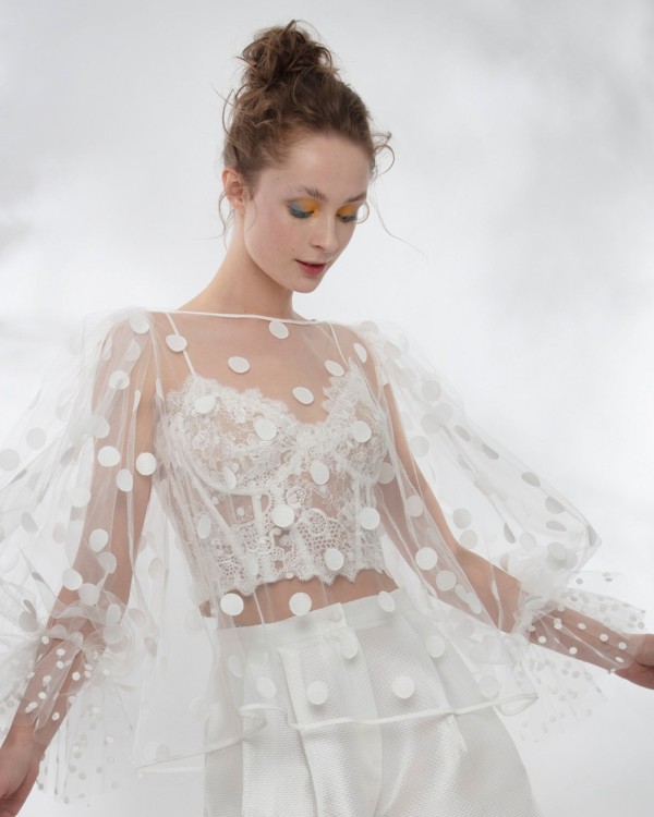 Shop Gemy Maalouf Lace Corset Paired With Dotted Tulle Top - Tops In White