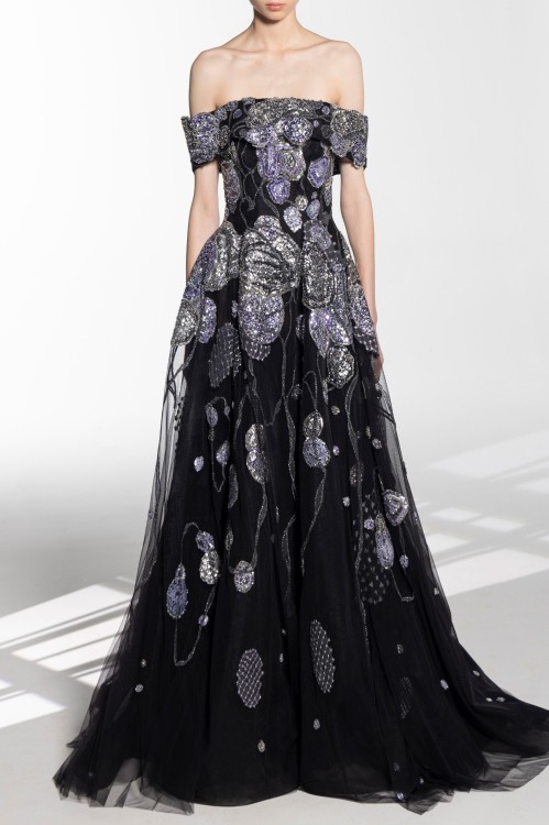 Saiid Kobeisy Off-shoulder Beaded Tulle Dress In Black