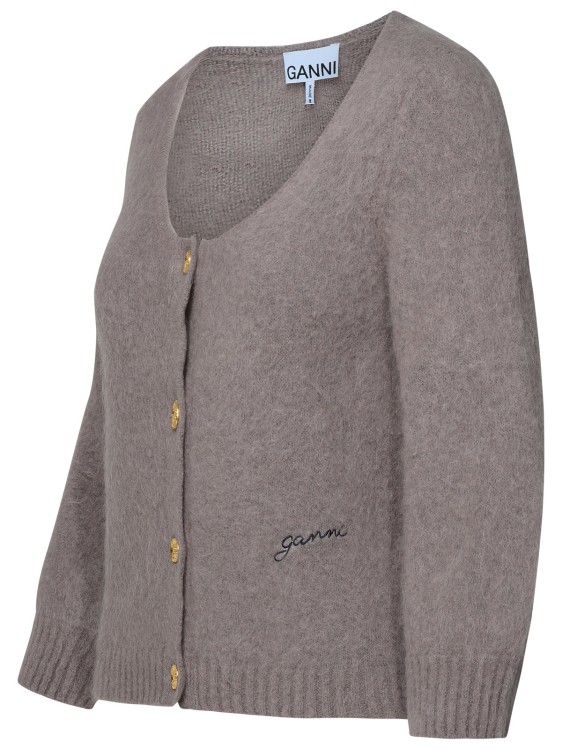 Shop Ganni Beige Virgin Wool Blend Cardigan In Grey