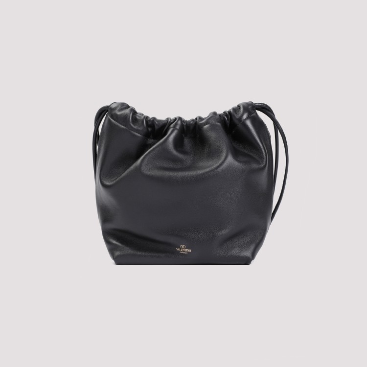 Shop Valentino Black Leather Vlogo Drawstring Bucket Bag