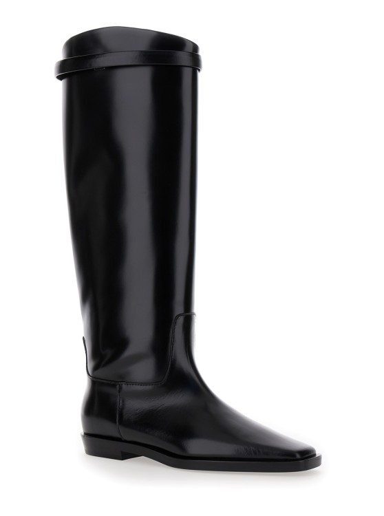 Shop Totême 'the Riding Boot' Black Knee-high Boots With Embossed Logo In Leather Woman