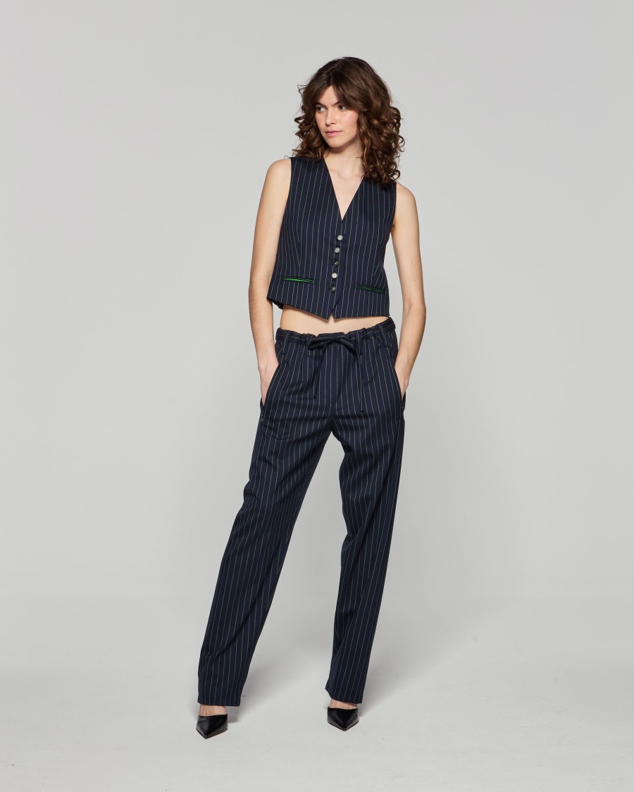 Shop Serena Bute Wool Pinstripe Utility Trouser - Navy/green In Blue