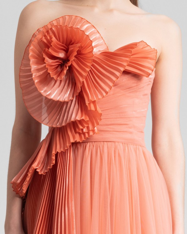 Shop Gemy Maalouf Drapped Flower Strapless Dress - Long Dresses In Orange