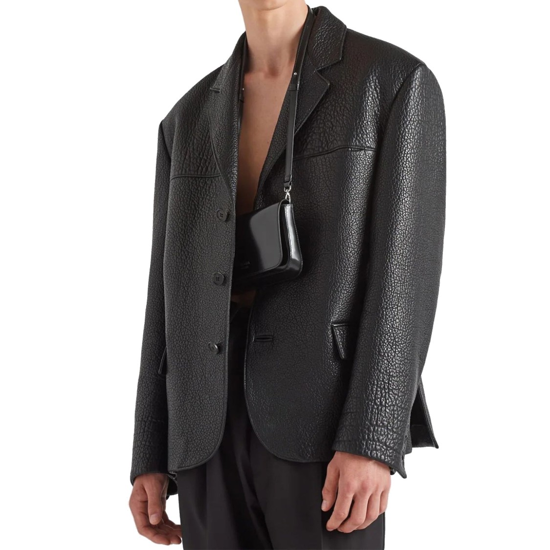 Prada Single-breasted Leather Jacket Men In Black