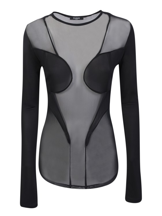 Balmain Black Long Sleeve Top With Semi-transparent Fabric In Black