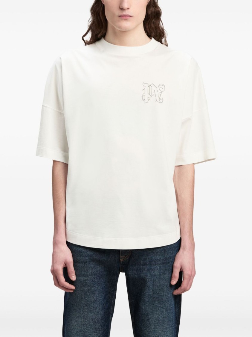 Shop Palm Angels Crisp Cotton T-shirt With Rib Detail And Signature Logo In White