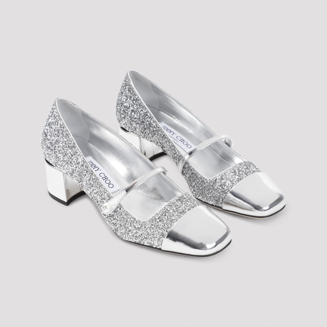 Jimmy Choo Glitter Mary Jane Pumps With Metallic Accents In White