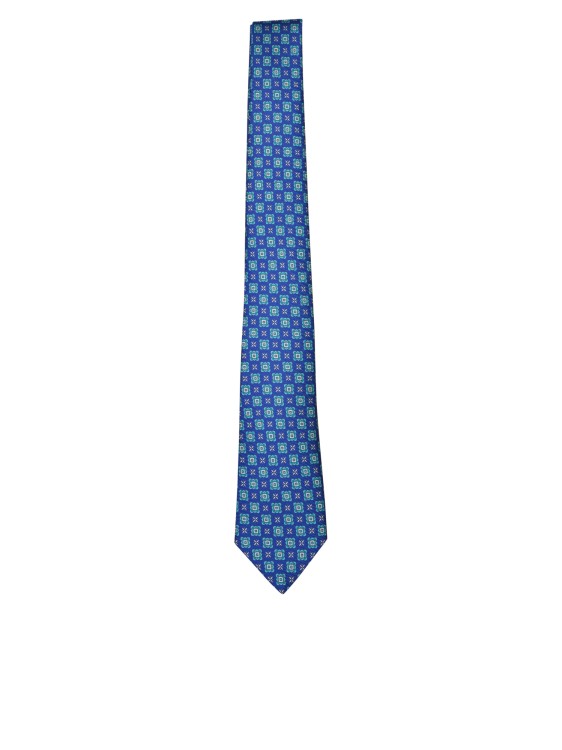 Kiton Pure Silk Tie In Geometric Pattern In Blue