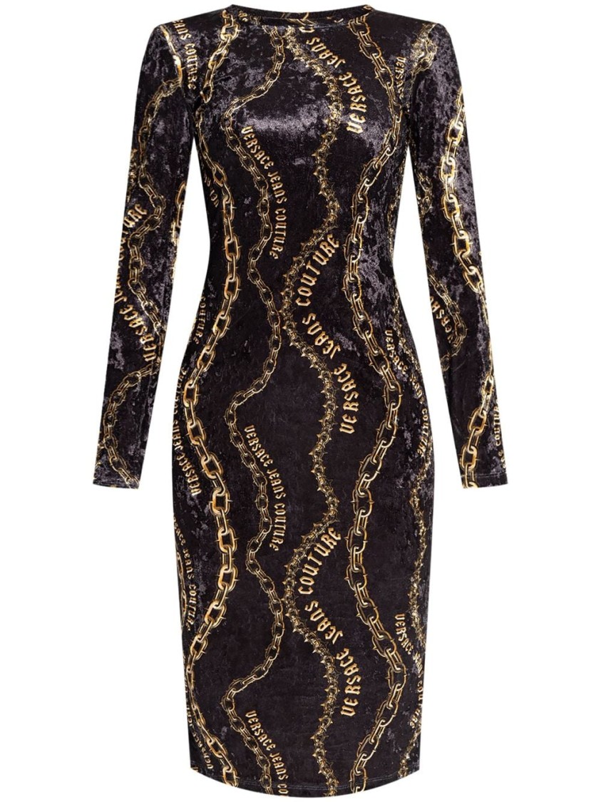 Versace Jeans Couture Black Chain Couture Velvet Midi Dress In Black