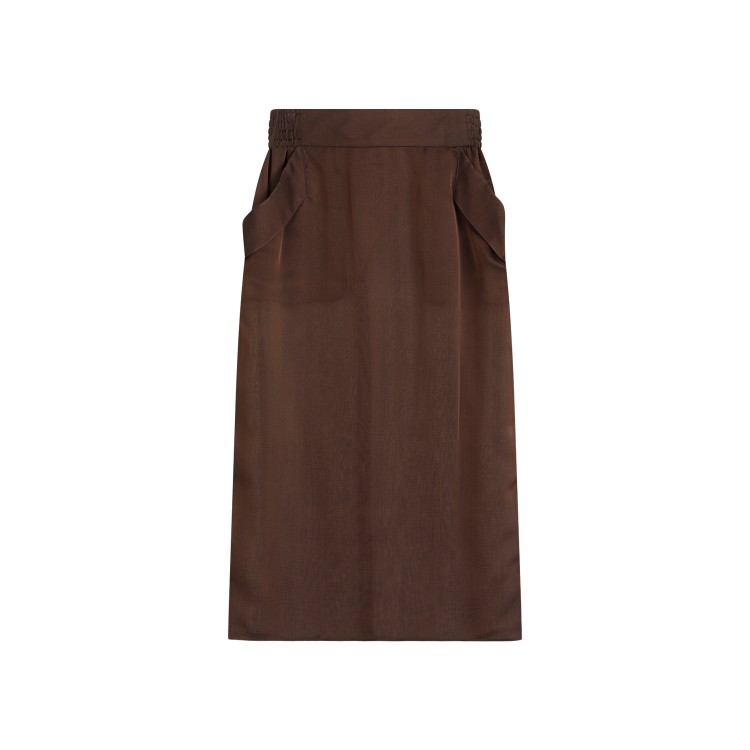 Saint Laurent Sheer Silk Midi Skirt With Elastic Waistband In Brown