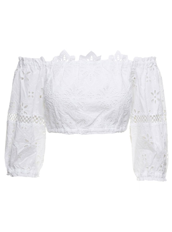 TEMPTATION POSITANO EMBROIDERED OFF-SHOULDER CROPPED TOP IN WHITE COTTON