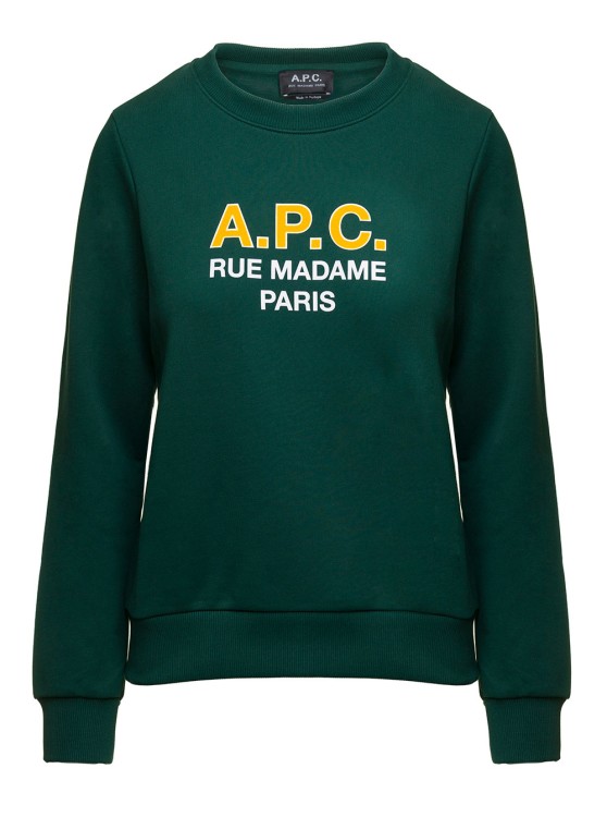 Shop Apc Madame' Green Crewneck Sweatshirt With Contrasting Logo Print In Cotton In Black