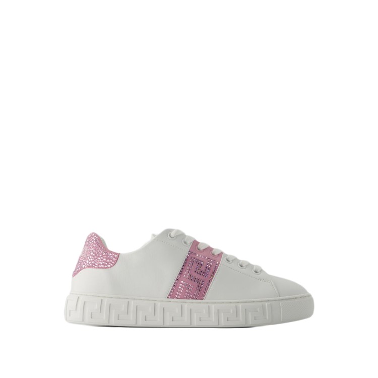 Shop Versace La Greca Sneakers - Leather - White/pink