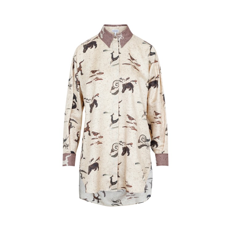 Shop Loewe Beige Silk Animal Oversize Shirt In Neutrals