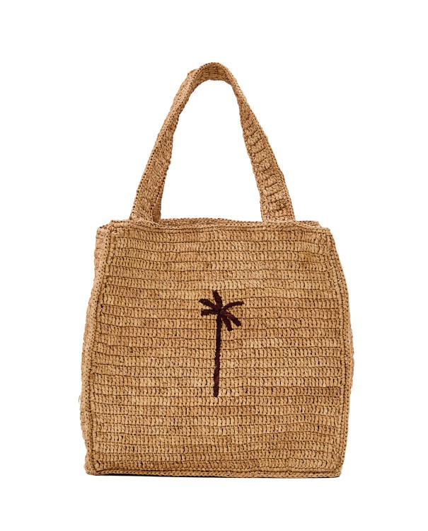 Manebi Squared Raffia Tote Bag W/palm Detail In Brown