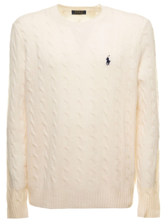 Shop Polo Ralph Lauren White Cable-knit Crewneck Sweater With Front Contrasting Logo Embroidery In Wool And Cashmere In Neutrals