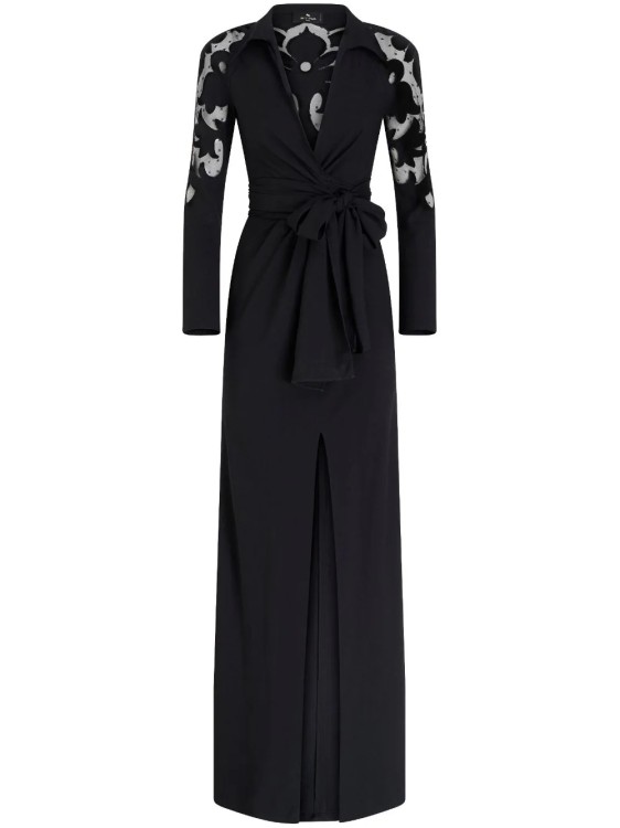 Etro Belted Crepe And Swiss-dot Tulle Maxi Wrap Dress In Black