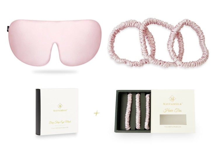 Mayfairsilk Precious Pink Deep Sleep Silk Eye Mask + Slim Hair Ties Gift Set