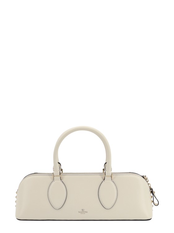 Shop Valentino Leather Handbag With Iconic Metal Studs In Neutrals