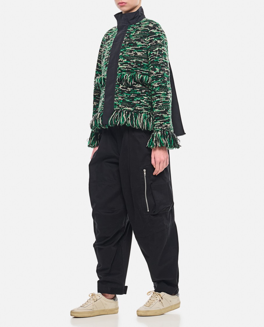 Sacai Mixed Media Fringe Wool Blend Tweed Jacket In Green