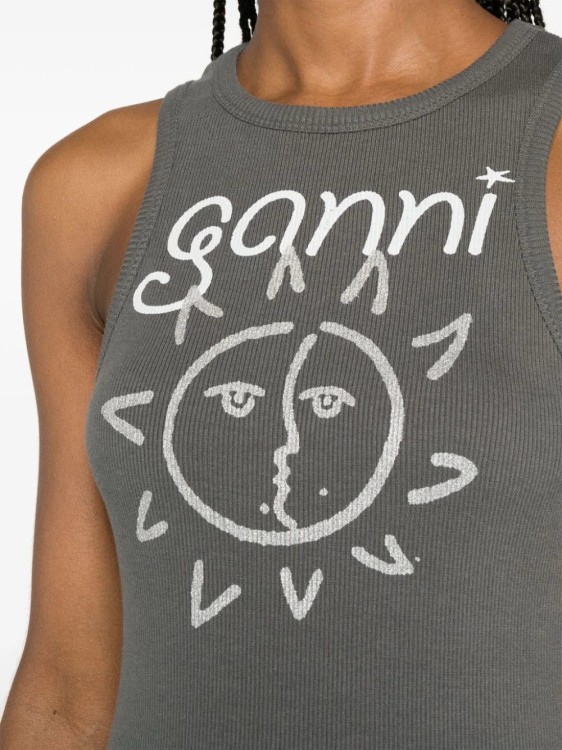 Shop Ganni Sun-print Ribbed Tank Top In Grey