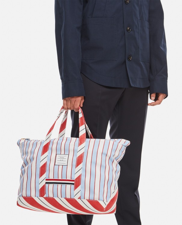 Shop Thom Browne Medium Tool Tote In Washed Striped Canva In Grey