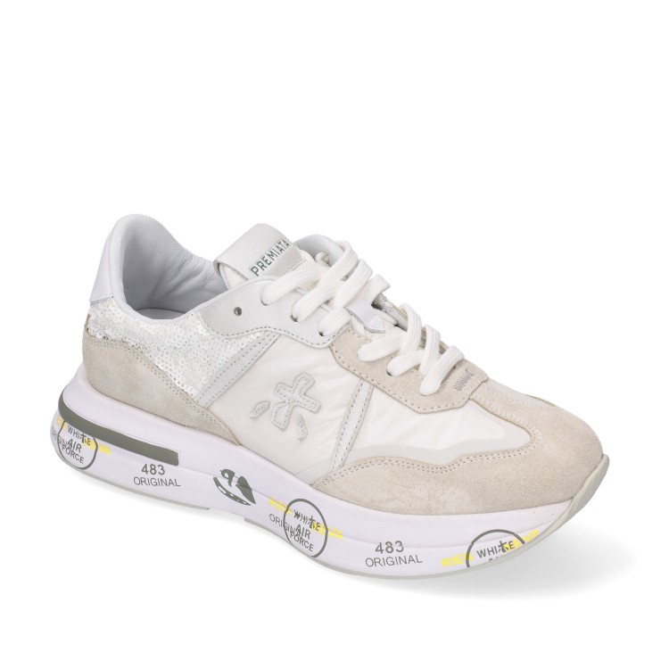 Premiata Cassie Sneakers In Light Gray Suede And White Fabric And Sequins In Grey