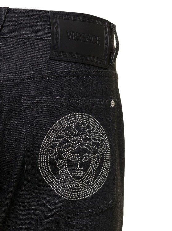 Shop Versace Black Straight Jeans With Studded Medusa In Stretch Cotton Denim
