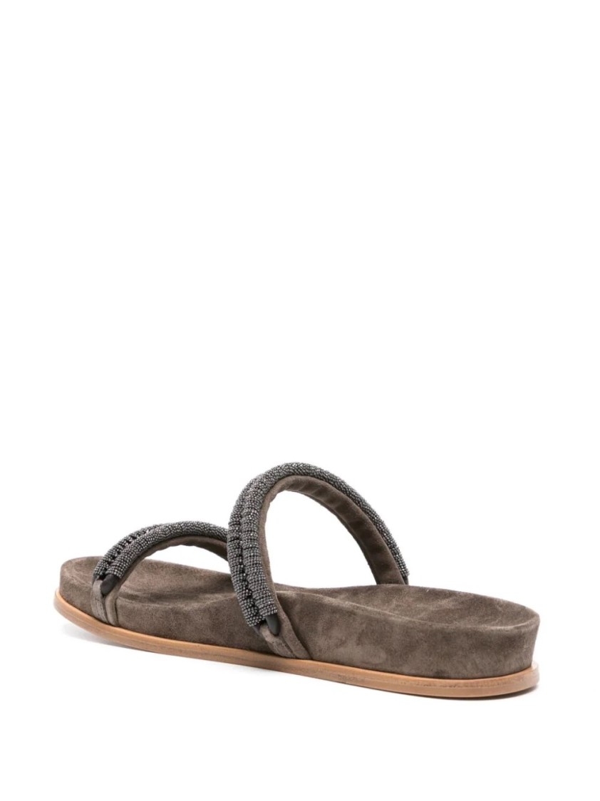 Brunello Cucinelli Slide Sandals With Monili Decoration In Grey