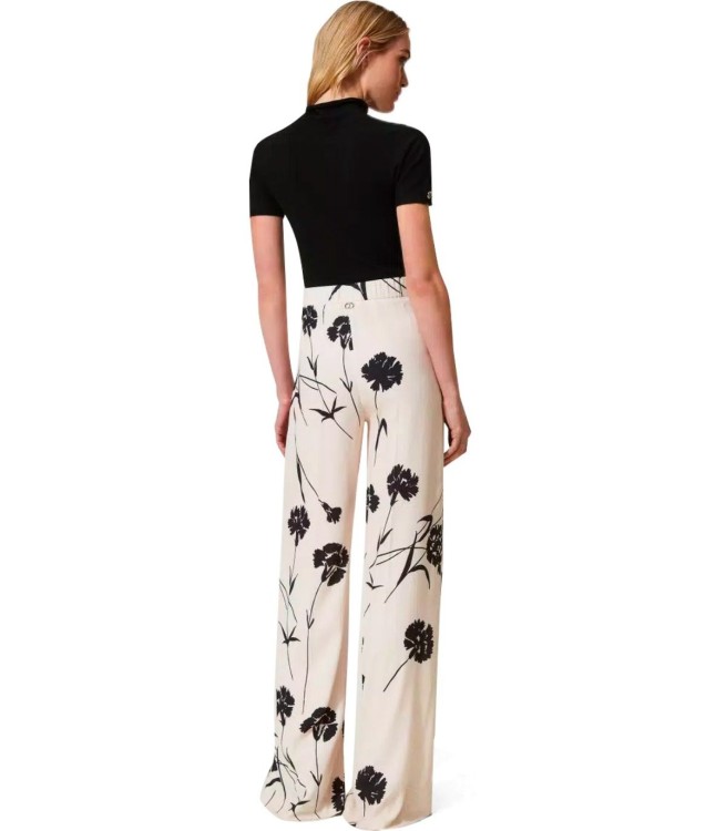 Shop Twinset Cream Floral Wide Leg Trousers In Neutrals