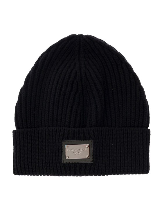 Dolce & Gabbana Black Ribbed Beanie With Logo Plaque In Wool And Cashmere Blend