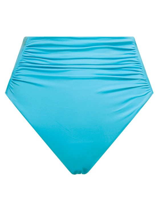 Self-portrait High Waisted Bikini Bottoms With Ruched Detailing In Turquoise Polyamide In Blue