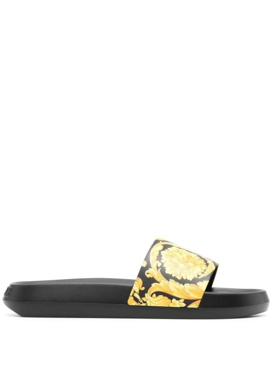 Shop Versace Black Slippers With Barocco Print In Rubber