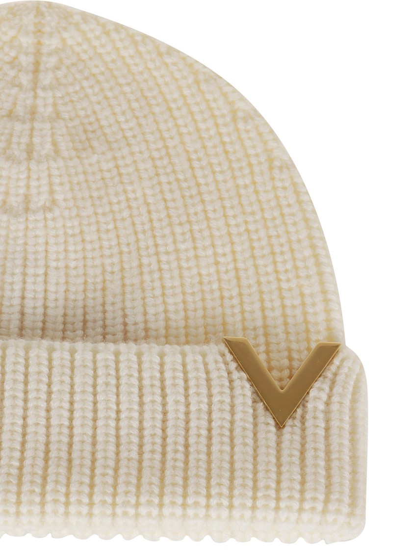 Valentino Cashmere Ribbed Folded Cuff Beanie Knitted In Neutrals