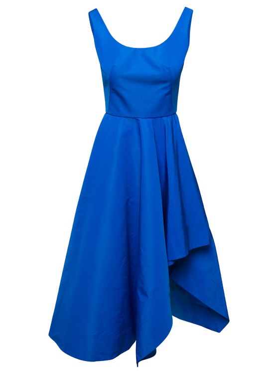Shop Alexander Mcqueen Midi Blue Draped Dress With Asymmetric Bottom In Polyfaille