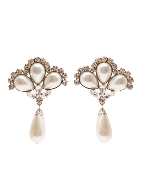 Alessandra Rich Silver-colored Clip-on Crystal Earrings With Pendant Pearl In Hypoallergenic Brass