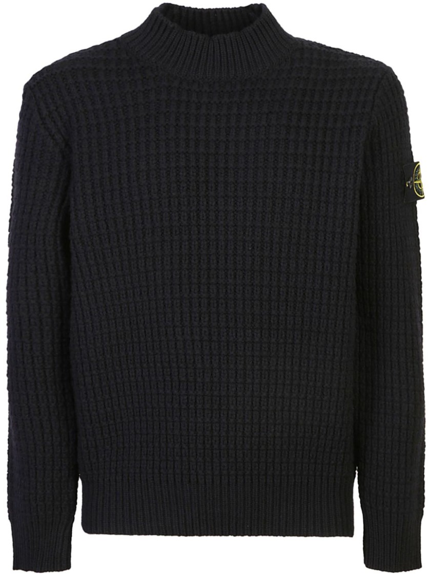 Stone Island Ribbed Texture Black Crew Neck Sweater In Black