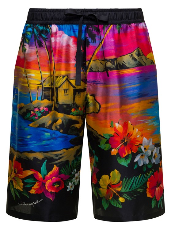 Shop Dolce & Gabbana Multicolor Bermuda Shorts With All-over Hawaiian Print And Drawstrig In Silk